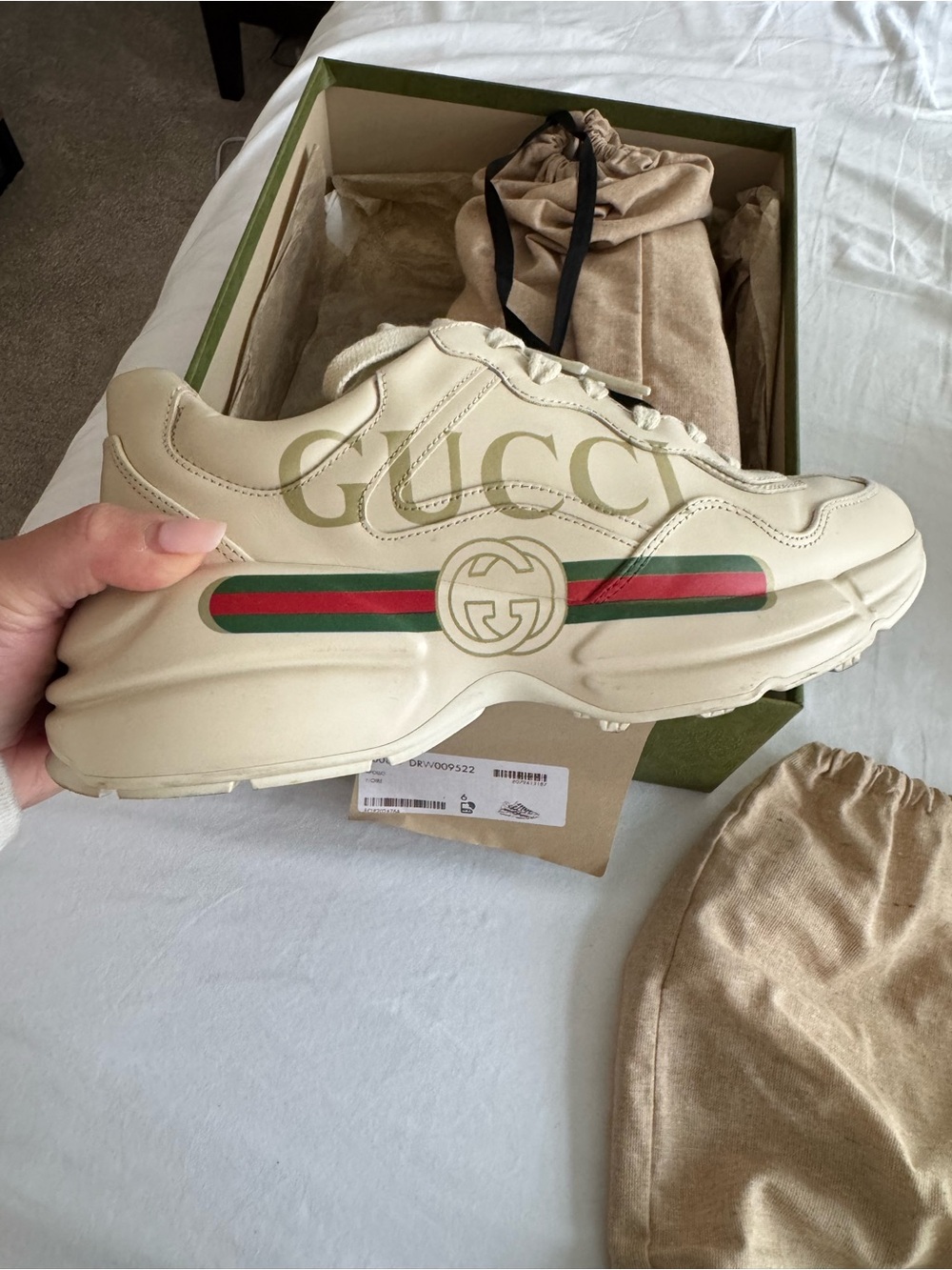 Gucci Women’s Cream Leather Rhyton Sneaker with Signature Web Stripe
